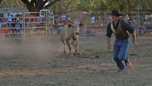 While working a rodeo in Laura, Queensland. Showmen sometimes get n the wrong side of the bull